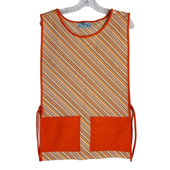 Retro 70s Angelica Striped Apron Vest Sz L Pockets Orange Yellow Kitchy Kitchen - Picture 10 of 11